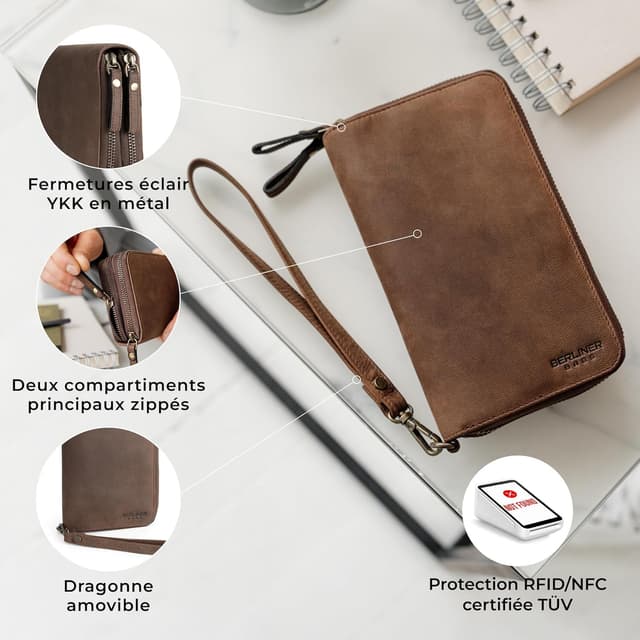 Detalle de Berliner Bags Dallas Grand Portefeuille en cuir véritable avec protection RFID – marron