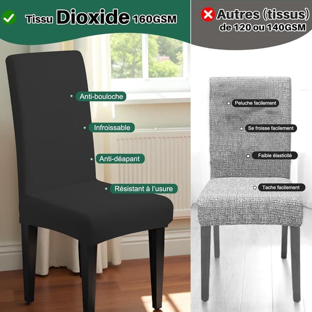 Detalle de Dioxide housse de chaise extensible pour salle à manger – lot de 4 pièces (noir)