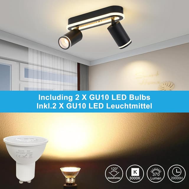 Detalle de SANSHI Deckenleuchte 2-flammig mit LED, schwenkbar 350°: 15W + 2x 5W GU10 Spots, 3000K warmweiß, schwarz