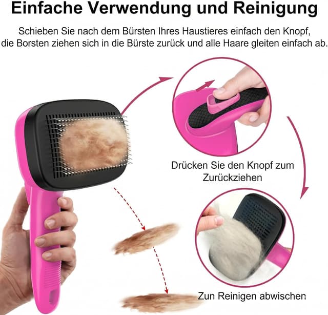 Detalle de WOPQAEM Hundebürste für Hunde und Katzen – selbstreinigend, sanft zur Haut, gegen loses Fell (rosa)