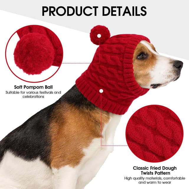 Detalle de CITÉTOILE Weihnachtsmütze für Hunde – gestrickte Santa-Mütze mit Zopfmuster und Bommel (Rot, L)