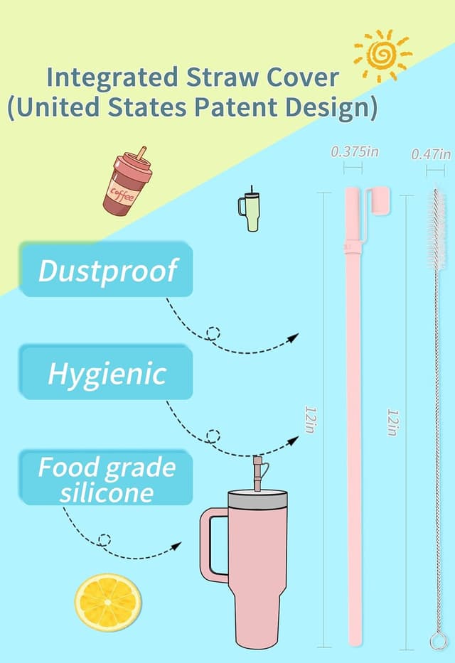 Detalle de Reusable Replacement 12-inch Silicone Straws with Cover (6-Pack) for Stanley Tumbler Cups 40 oz & 30 oz