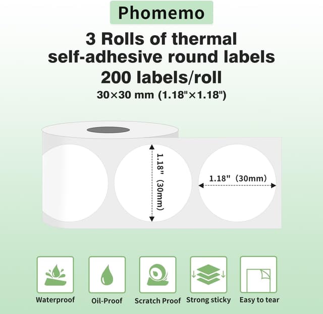 Detalle 2 de Phomemo 3 Rollen runde Thermoetiketten M110, 30×30 mm – selbstklebend, 200 Etiketten pro Rolle