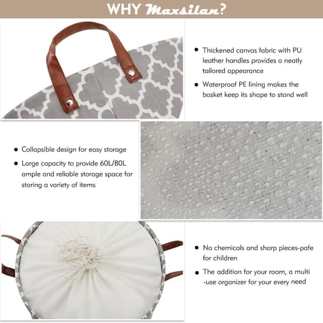 Detalle de Maxsilan 80L X-Large Laundry Basket with Drawstring (Collapsible, Grey)