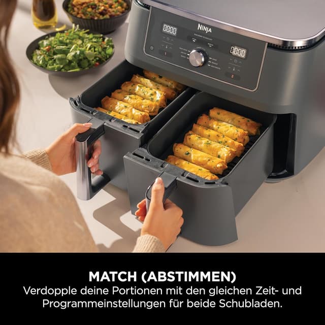Detalle de Ninja Dual Zone Digital Air Fryer DZ400EU – 2 Schubladen, 6-in-1 Heißluftfritteuse, 9,5 L, Metallic Grau