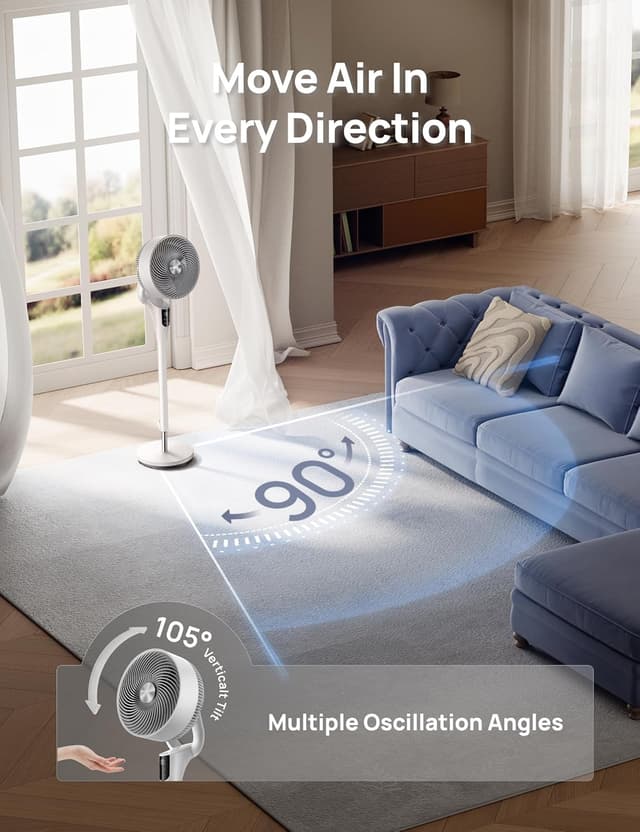 Detalle de DREO 2026 Upgraded Fan for Bedroom (90° Oscillating Standing Fan) — 90 ft Airflow, DC Motor, Quiet 20dB