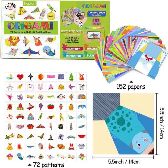 Detalle 2 de hapray Kids Origami Kit (Ages 6–12) with 96-page guiding book, 152 papers and 72 patterns
