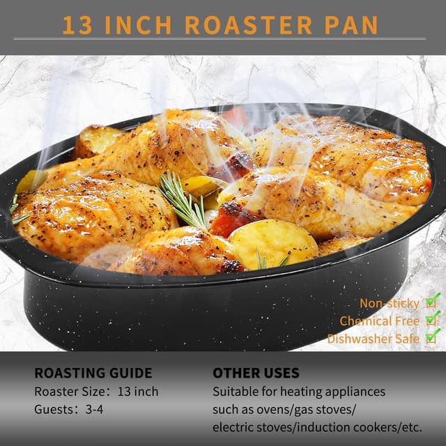 Detalle de JY COOKMENT Granite Roaster Pan (Small, 13") with Domed Lid – Enamel Enameled Oval Roasting Pot for Small Turkey/Chicken