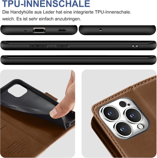Detalle 2 de Giyer Handyhülle für iPhone 16 Pro Max (Braun) mit Kartenfach, Schutzfolie & Standfunktion