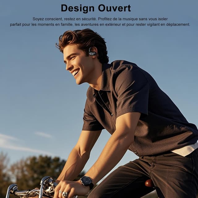 Detalle de Open Ear Écouteurs Bluetooth 5.4 sans fil avec ENC, HiFi stéréo et autonomie 58 h (IPX7) – modèle noir