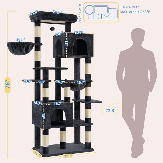 Detalle 2 de Heybly Kratzbaum Groß (193 cm) Rauchgrau – mit 2 Katzenhäuschen, Hängematte, Korb und 10 Sisal-Kratzstämmen
