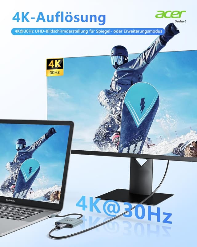 Thumbnail 4 de Acer USB-C auf HDMI-Adapter (4K@30 Hz) inkl. USB-A 3.0 & PD bis 100 W – kompakte 3-in-1-Lösung