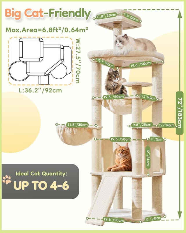 Detalle de Taoqimiao 183cm Large Cat Tree (MS045M) with Metal Hammock, 5 Scratching Posts & Spacious Platforms