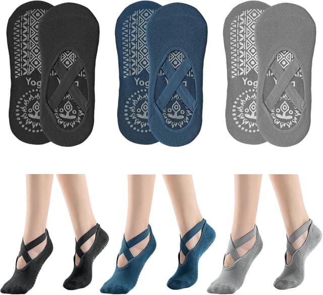 Detalle de NHDDGR Calzini Pilates Donna antiscivolo con cinturino elastico (3 paia), taglia unica EU 35–40