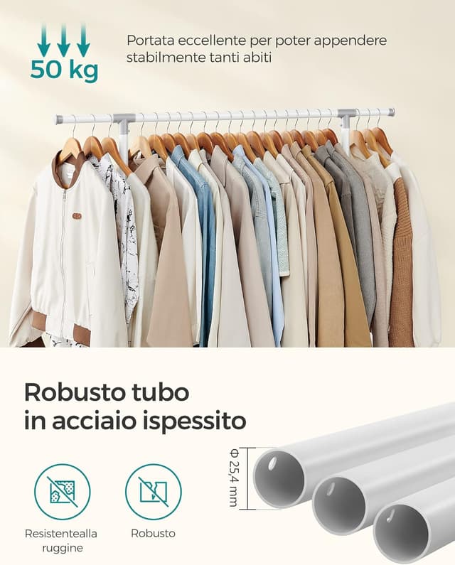 Detalle 2 de SONGMICS Stand appendiabiti doppio LLR401W01 con asta estensibile e ruote, altezza regolabile 113-180 cm