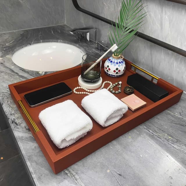 Thumbnail 5 de 14x20 Faux Leather Wood Serving Tray with Handles