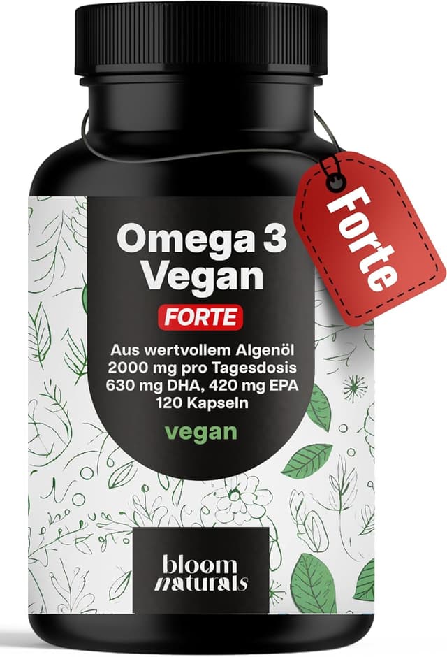 Detalle de Omega 3 Kapseln Hochdosiert FORTE Vegan – 120 Kapseln mit 2000 mg Algenöl, DHA & EPA (Laborgeprüft, in Deutschland hergestellt)