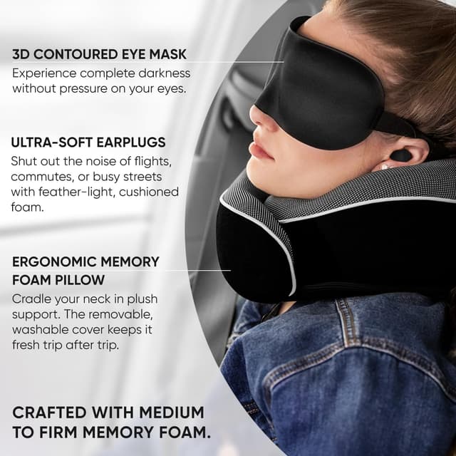 Detalle 2 de Proglobe Travel Pillow Memory Foam Neck Pillow Set with Sleep Mask and Mesh Bag (Black)