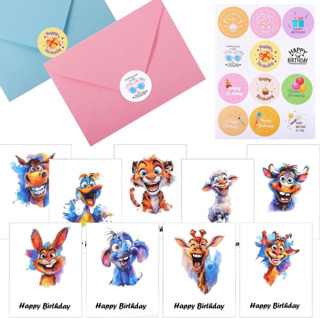 Detalle de 20 Pack Animal Birthday Cards with Envelopes (12 x 17 cm) & Stickers – Multipack for Bulk Birthday Greetings