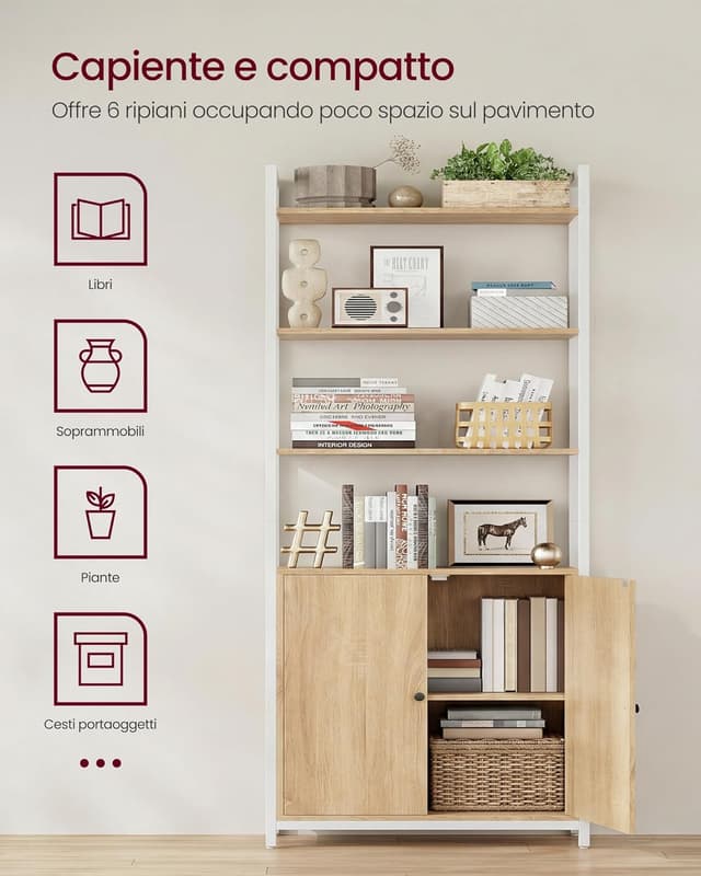 Detalle de VASAGLE LLS133YA01 Libreria verticale a 6 ripiani con anta, struttura in metallo e pannelli Rovere dorato/bianco opaco