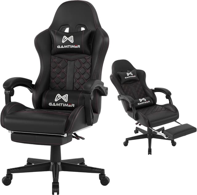 Detalle de Gamtimer Gaming Chair (400 lbs) with Footrest, Lumbar Support, and High-Back Recline (Black)