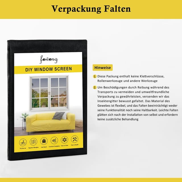 Detalle de fowong Fliegengitter Fenster 122×252 cm: Nanogitter DIY für Katzenkratzschutz, schwarz