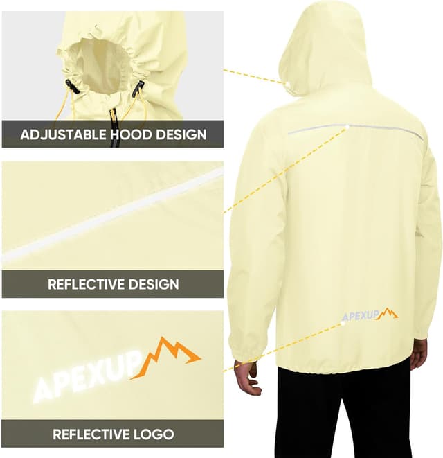 Detalle 2 de APEXUP Packable Rain Jacket Men with Reflective Zipper — Lightweight Waterproof Raincoat