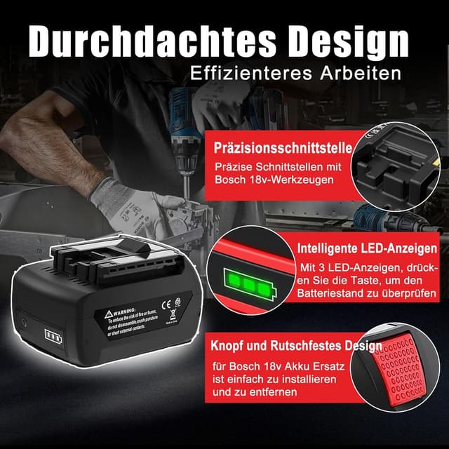 Detalle 2 de 8.0Ah/8000mAh Ersatzakku für Bosch 18V – kompatibel mit BAT609, BAT619, BAT618 und weiteren (2er-Set)