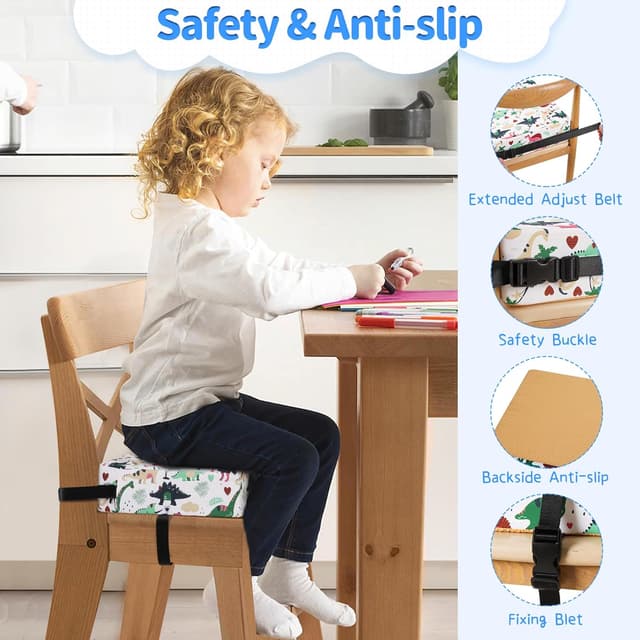 Detalle de Toddler Booster Seat for Dining Chair (White) – PU Washable, Non-Slip Bottom & Adjustable Seat Belts