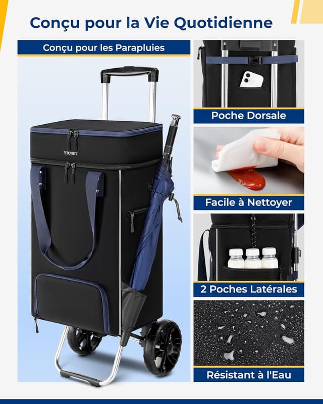 Detalle de Ytonet Chariot de courses pliable 55 L avec roulettes, sac isotherme et poche anti-vol (jusqu’à 68 kg), noir