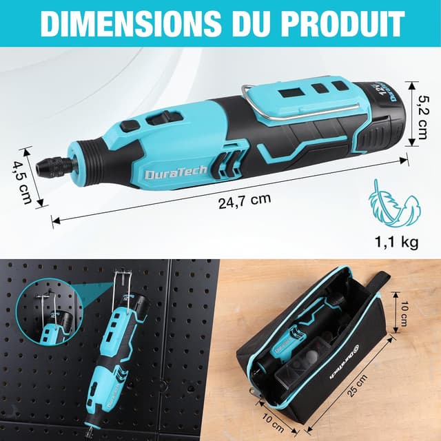 Thumbnail 6 de DURATECH Outil rotatif multifonction sans fil 12 V (118 accessoires) — 7 vitesses variables 5000 à 35000 tr/min