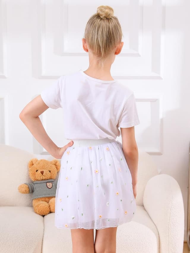 Detalle de Bezioner Girls’ Embroidered Tulle Skirt (4 Layers) – Floral Mesh Skirt with Lining for Daily Wear, Party & Wedding