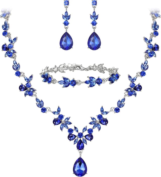 Thumbnail 6 de Parure de bijoux de mariage Clearine : collier Y, bracelet tennis et boucles d’oreilles pendantes en cristal bleu