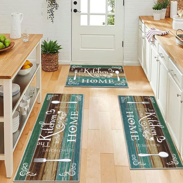 Detalle de Vaukki Boho Kitchen Rug Sets (3-Piece) — Washable Non-Slip Kitchen Mats for Floor, Teal
