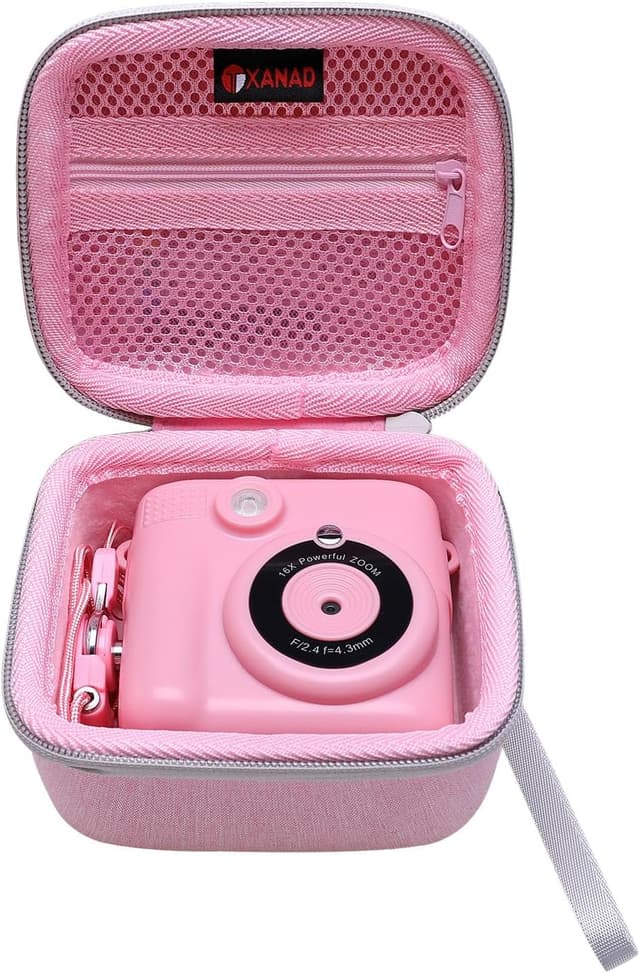 Detalle de XANAD Kinderkamera Tasche für Sofortbildkameras – wasserdichte, stoßfeste Schutzhülle mit Thermodruckpapier-Fach (Rosa)
