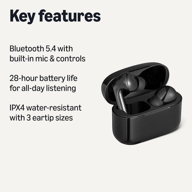 Detalle 2 de Amazon Basics Bluetooth True Wireless Earbuds (IPX4, in-ear w/ mic) with Charging Case, Black