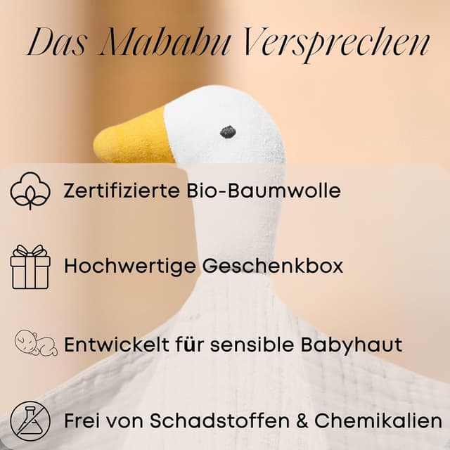 Detalle de Mababu Schmusetuch Baby Musselin – Ente aus Bio-Baumwolle (4-lagig), Oeko-TEX®, waschbar – Schnuffeltuch zur Geburt