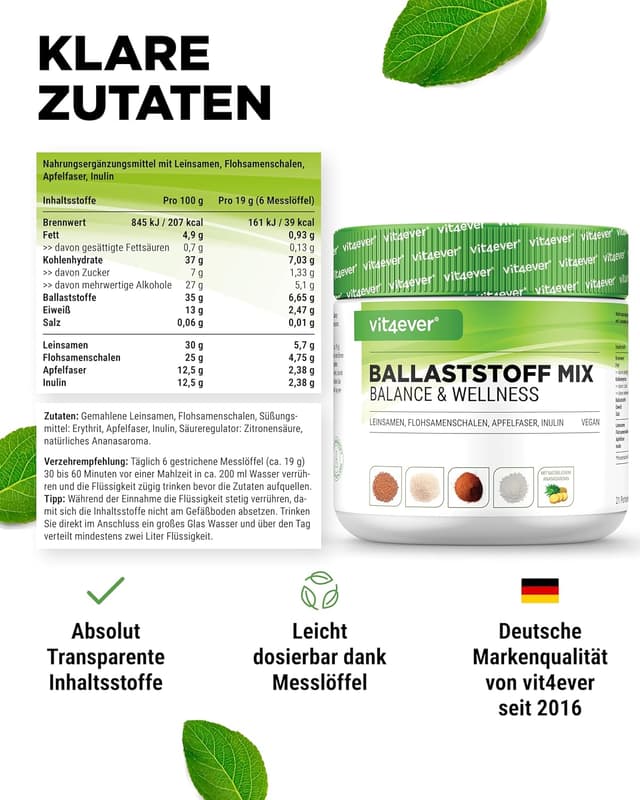 Detalle de vit4ever Ballaststoffe Kombi (400 g) – Ballaststoffpulver mit Flohsamenschalen, Inulin & natürlichem Ananasaroma
