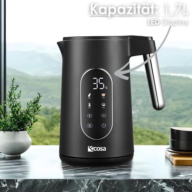 Detalle de Bouilloire en acier inoxydable avec réglage de température 40 à 100 °C, 1,7 L, affichage LED et maintien au chaud