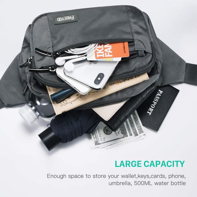 Detalle de FREETOO Gürteltasche für Damen und Herren mit 6 Reißverschlusstaschen – wasserdichte Bauchtasche für Hundespaziergänge, Laufen & Reisen