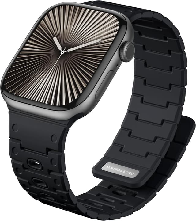 Detalle de Bandletic Magnetic Straps for Apple Watch (compatible with Series 10 42mm, 9/8/7 41mm & more) – Black soft silicone sport band