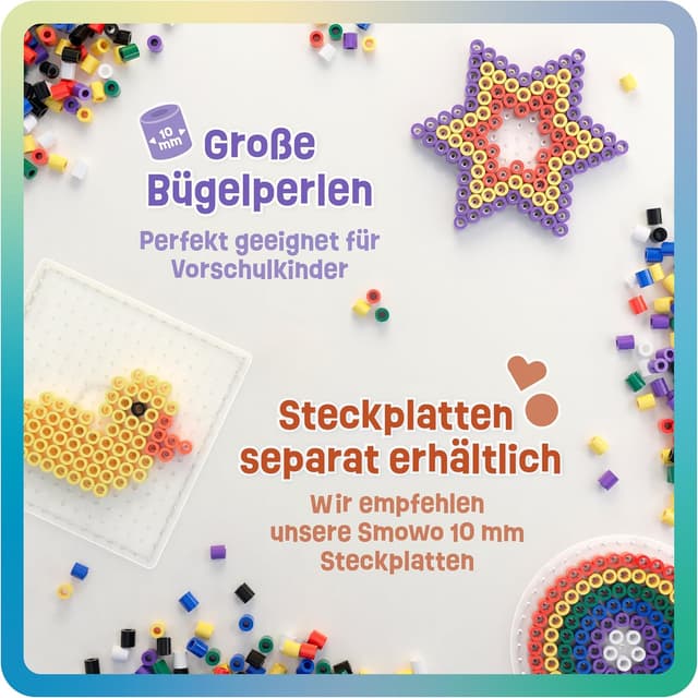 Detalle de Smowo® Große 10mm Bügelperlen (1.000 Stück) in 7 Farben – XL Steckperlen für Kinder ab 3 Jahren