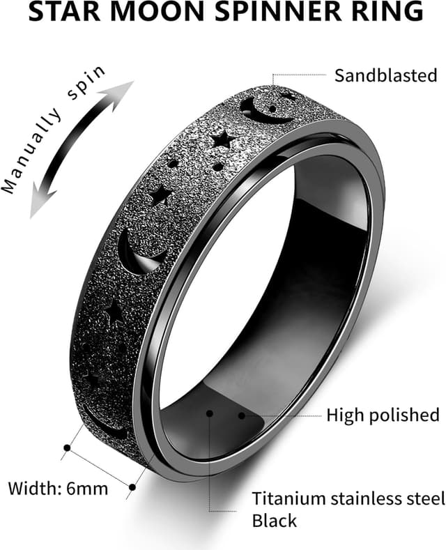 Detalle 2 de LuckyAmor Anxiety Spinner Ring (Moon & Star) for Women — Stainless Steel Rotating Fidget Band, Sizes 6–10