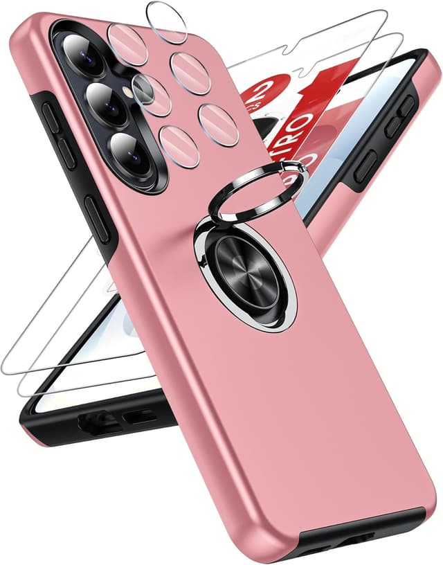 Detalle de LeYi Cover per Samsung Galaxy S26 Plus con 2 vetri temperati e anello girevole 360° (TPU+PC) rosa