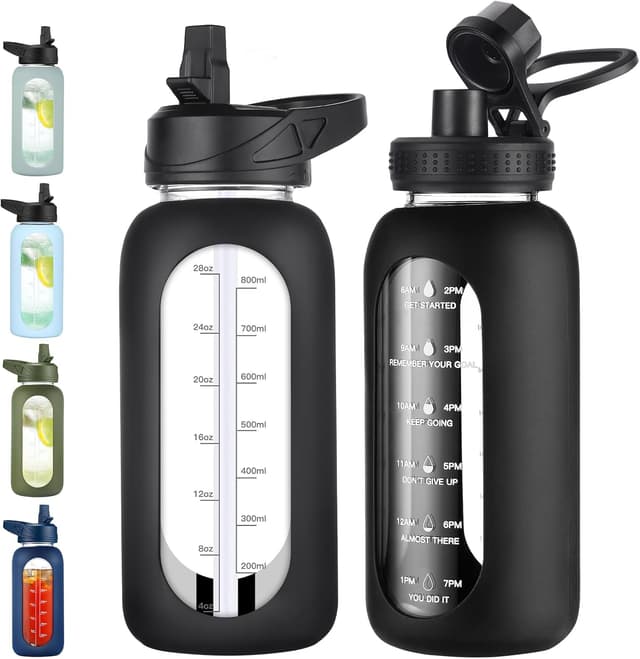 Detalle de EALGRO 32 oz Glass Water Bottle with Straw, Handle & Silicone Sleeve (Black)