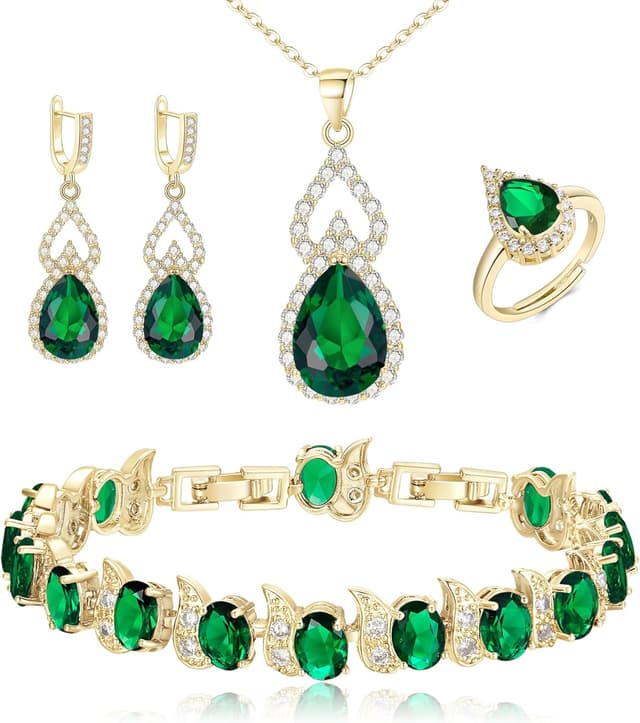 Detalle de Parure bijoux de mariage Clearine en argent goutte d’eau, zirconia cubiques (4 pièces) : collier, boucles, bracelet et anneau réglable