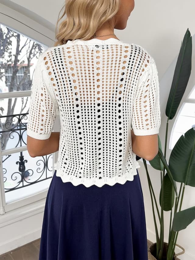 Detalle de Kate Kasin Women Crochet Shrug Sweater Tie-Front Bolero (Short Sleeve Cropped Cardigan)