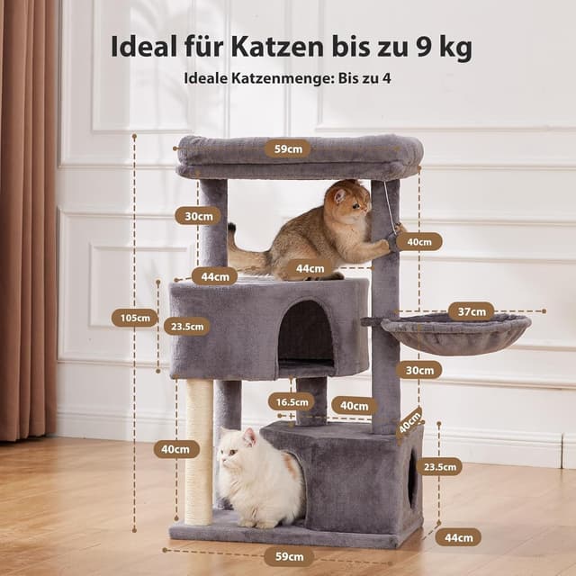 Detalle 2 de Gardner Pet Katzenbaum groß (105 cm) – Kletterbaum mit Kratzsäule, Plattform, 2 Höhlen und Korb, Dunkelgrau