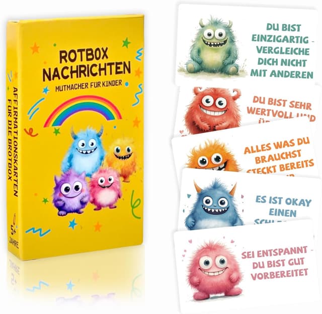 Detalle de Oizemori 20 Affirmationskarten für Kinder – Mutmacher mit Monster-Motiven für Schule, Kita & Brotdose