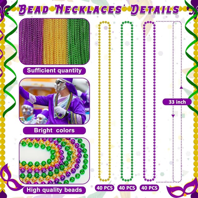 Detalle 2 de Huskein 33" Mardi Gras Beads 120PCS 🎭